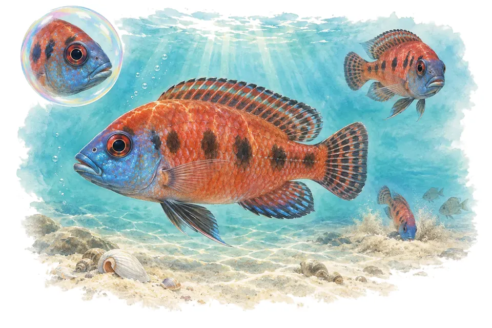 Aquarelle : Callochrome macrops (Callochromis macrops) dans une eau turquoise lumineuse, avec une vue de trois quarts et un détail dans une bulle.