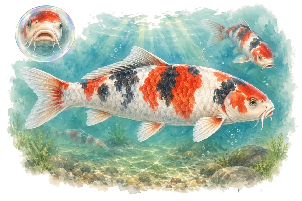 Aquarelle : Carpe koï (Cyprinus rubrofuscus) dans une eau turquoise lumineuse, avec une vue de trois quarts et un détail dans une bulle.
