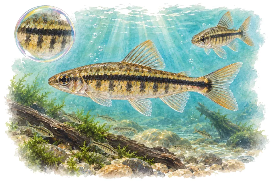 Aquarelle : Characidium de Rachov (Characidium rachovii) dans une eau turquoise lumineuse, avec une vue de trois quarts et un détail dans une bulle.
