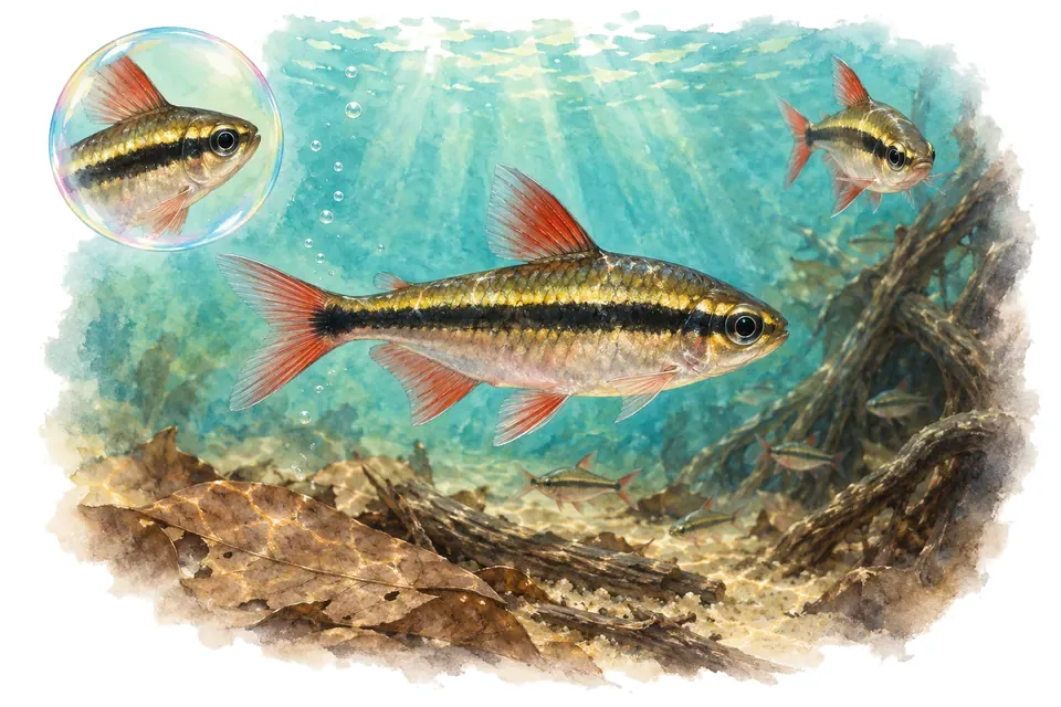 Aquarelle : Characidium de Weitzman (Poecilocharax weitzmani) dans une eau turquoise lumineuse, avec une vue de trois quarts et un détail dans une bulle.