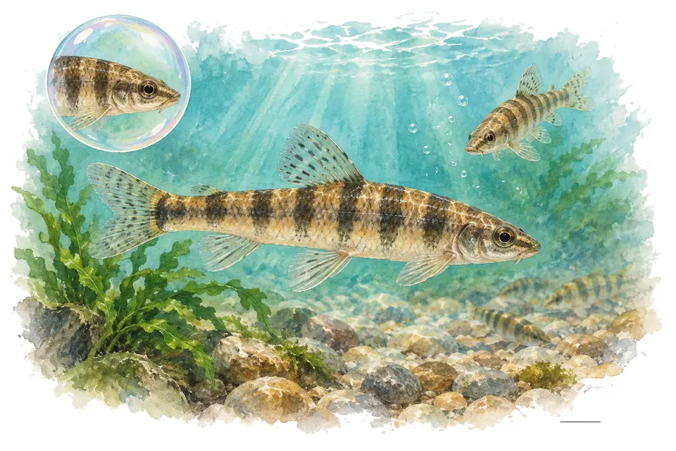 Aquarelle : Characidium fascié (Characidium fasciatum) dans une eau turquoise lumineuse, avec une vue de trois quarts et un détail dans une bulle.