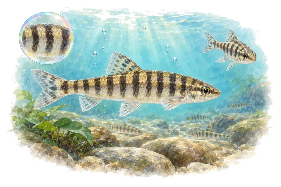 Aquarelle : Characidium zèbre (Characidium zebra) dans une eau turquoise lumineuse, avec une vue de trois quarts et un détail dans une bulle.