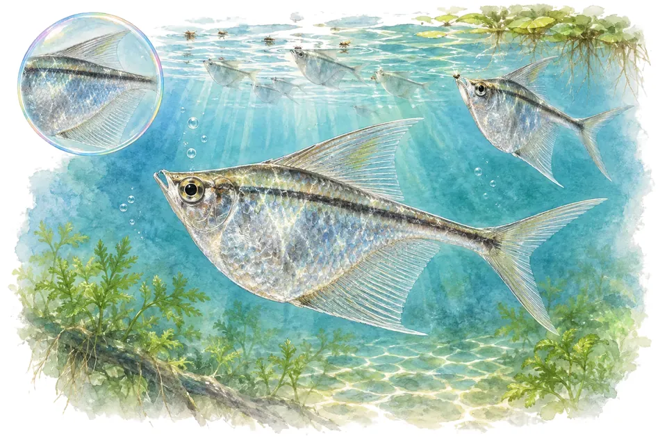 Aquarelle : Chela cachius (Chela cachius) dans une eau turquoise lumineuse, avec une vue de trois quarts et un détail dans une bulle.