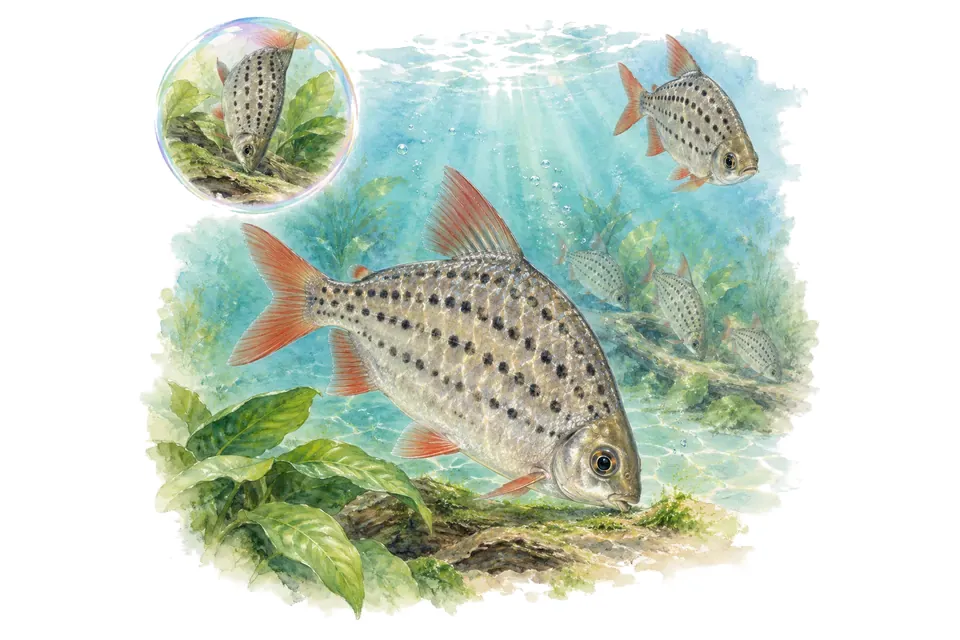 Aquarelle : Chilodus à points (Chilodus punctatus) dans une eau turquoise lumineuse, avec une vue de trois quarts et un détail dans une bulle.