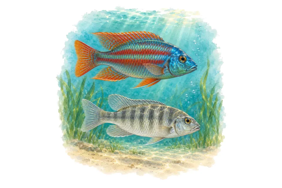 Aquarelle : Cichlidé à bandes rouges, mâle et femelle l'un au-dessus de l'autre dans une eau turquoise.