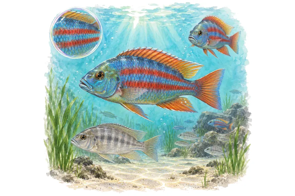 Aquarelle : Cichlidé à bandes rouges (Protomelas taeniolatus) dans une eau turquoise lumineuse, avec une vue de trois quarts et un détail dans une bulle.