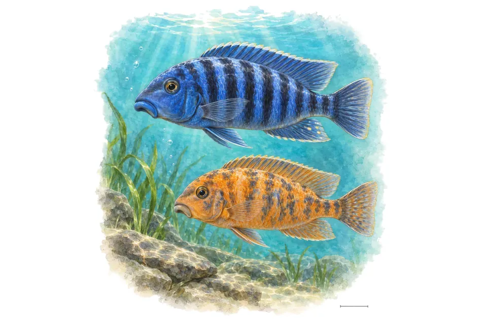 Aquarelle : Cichlidé à lèvres bleues, mâle et femelle l'un au-dessus de l'autre dans une eau turquoise.