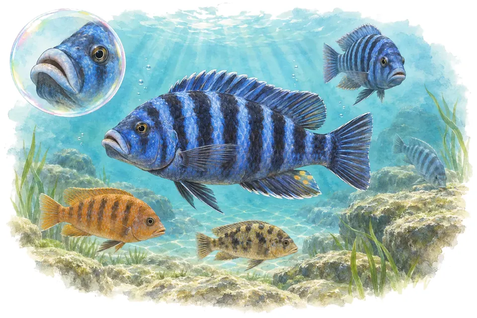 Aquarelle : Cichlidé à lèvres bleues (Labeotropheus trewavasae) dans une eau turquoise lumineuse, avec une vue de trois quarts et un détail dans une bulle.