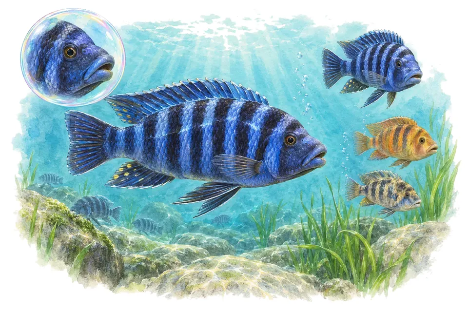 Aquarelle : Cichlidé à lèvres de Fuelleborn (Labeotropheus fuelleborni) dans une eau turquoise lumineuse, avec une vue de trois quarts et un détail dans une bulle.
