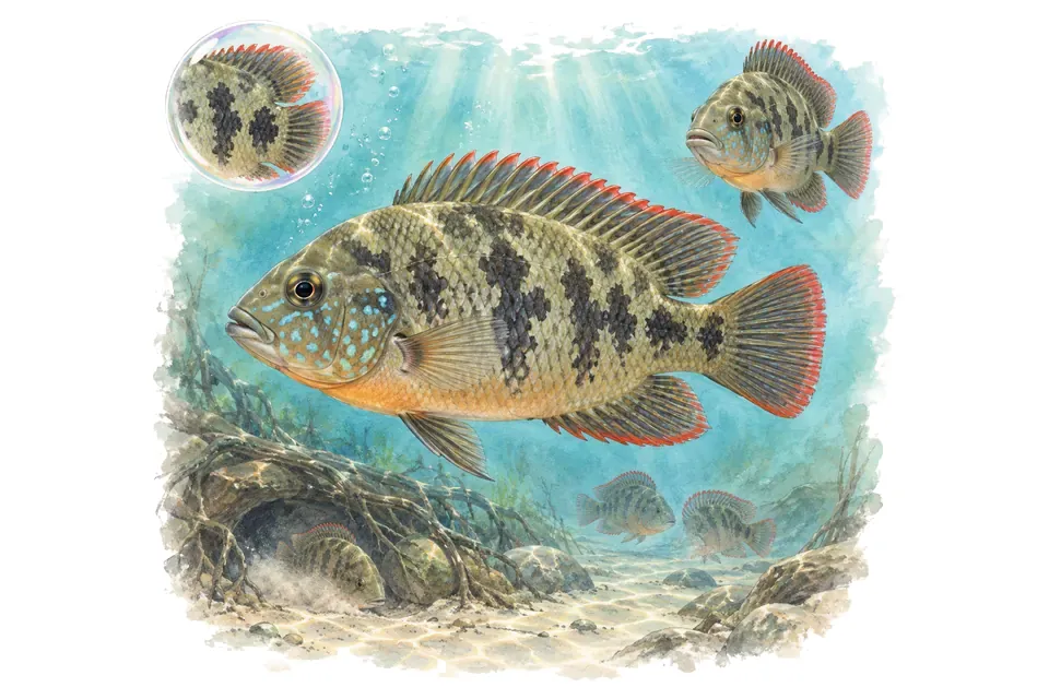 Aquarelle : Cichlidé à nageoires rouges (Theraps irregularis) dans une eau turquoise lumineuse, avec une vue de trois quarts et un détail dans une bulle.