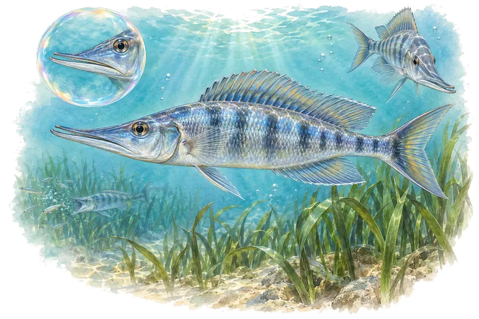 Aquarelle : Cichlidé à tête allongée (Dimidiochromis compressiceps) dans une eau turquoise lumineuse, avec une vue de trois quarts et un détail dans une bulle.