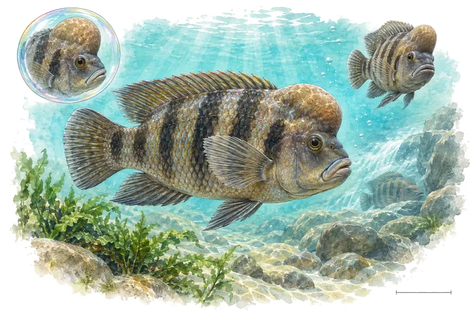 Aquarelle : Cichlidé à tête bossue (Steatocranus casuarius) dans une eau turquoise lumineuse, avec une vue de trois quarts et un détail dans une bulle.