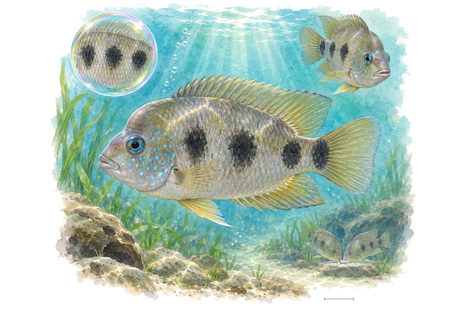 Aquarelle : Cichlidé à trois taches (Cryptoheros spilurus) dans une eau turquoise lumineuse, avec une vue de trois quarts et un détail dans une bulle.