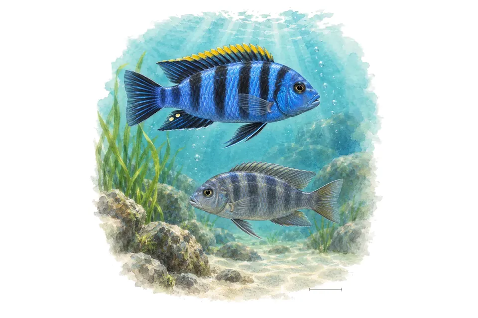 Aquarelle : Cichlidé afra, mâle et femelle l'un au-dessus de l'autre dans une eau turquoise.