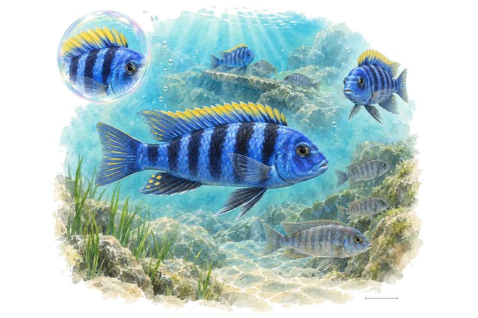 Aquarelle : Cichlidé afra (Cynotilapia afra) dans une eau turquoise lumineuse, avec une vue de trois quarts et un détail dans une bulle.