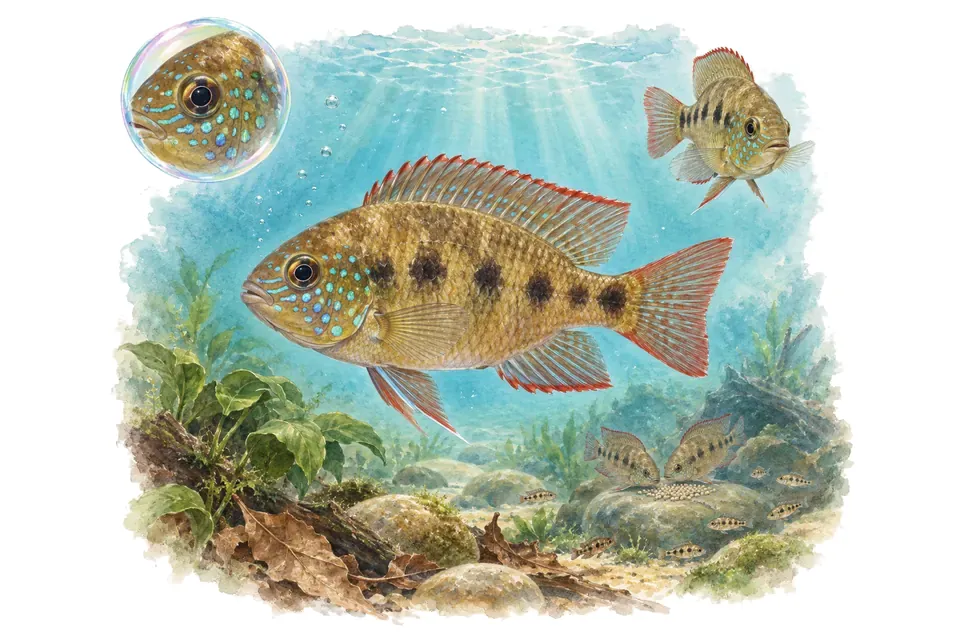 Aquarelle : Cichlidé africain de Thomas (Anomalochromis thomasi) dans une eau turquoise lumineuse, avec une vue de trois quarts et un détail dans une bulle.