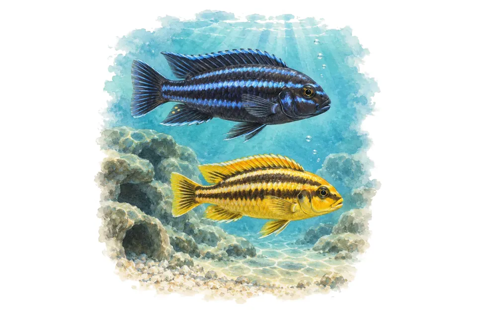 Aquarelle : Cichlidé auratus, mâle et femelle l'un au-dessus de l'autre dans une eau turquoise.
