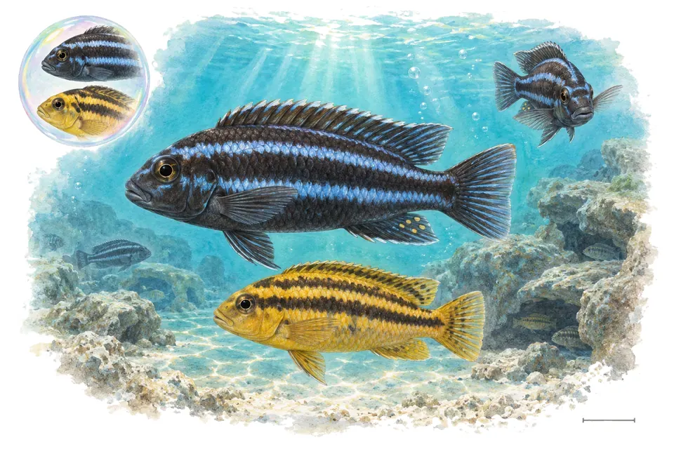 Aquarelle : Cichlidé auratus (Melanochromis auratus) dans une eau turquoise lumineuse, avec une vue de trois quarts et un détail dans une bulle.