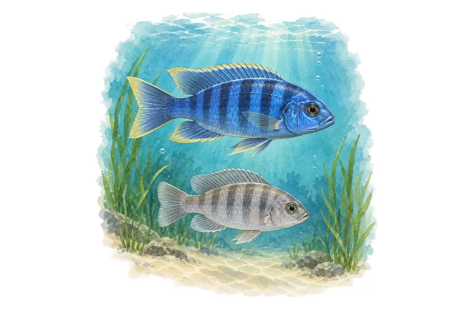 Aquarelle : Cichlidé azureus, mâle et femelle l'un au-dessus de l'autre dans une eau turquoise.