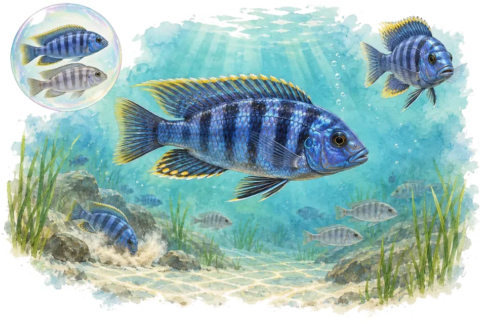 Aquarelle : Cichlidé azureus (Copadichromis azureus) dans une eau turquoise lumineuse, avec une vue de trois quarts et un détail dans une bulle.
