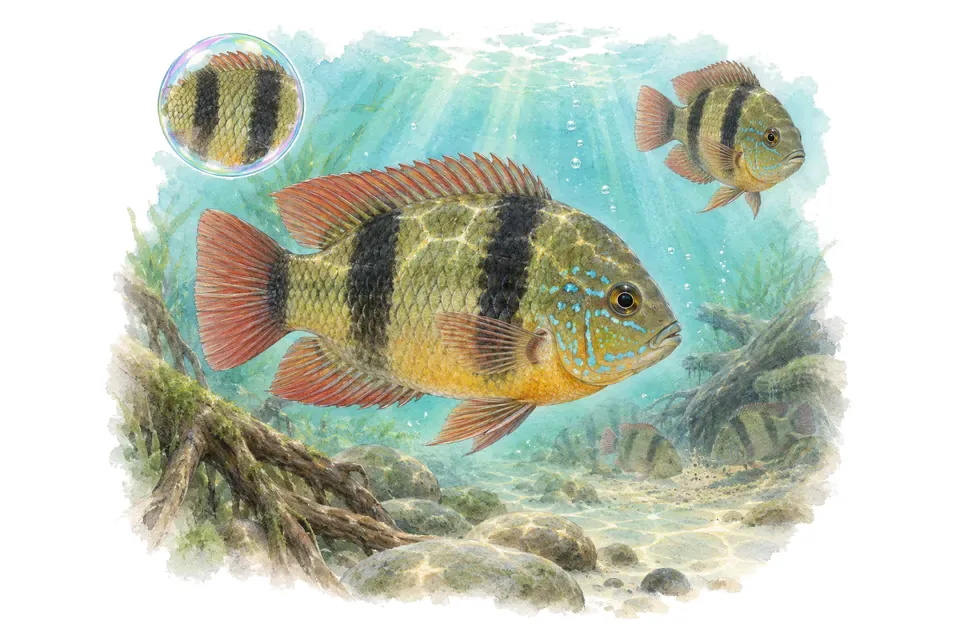Aquarelle : Cichlidé bifasciatus (Vieja bifasciata) dans une eau turquoise lumineuse, avec une vue de trois quarts et un détail dans une bulle.
