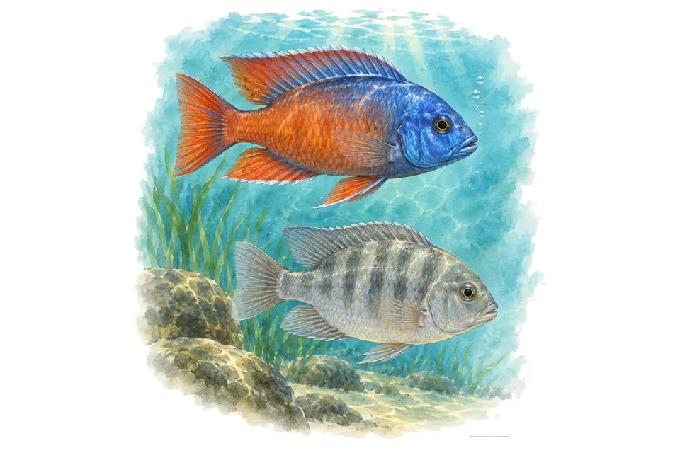 Aquarelle : Cichlidé borleyi, mâle et femelle l'un au-dessus de l'autre dans une eau turquoise.