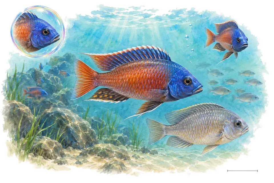 Aquarelle : Cichlidé borleyi (Copadichromis borleyi) dans une eau turquoise lumineuse, avec une vue de trois quarts et un détail dans une bulle.