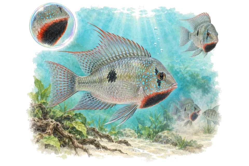 Aquarelle : Cichlidé bouche de feu (Thorichthys meeki) dans une eau turquoise lumineuse, avec une vue de trois quarts et un détail dans une bulle.