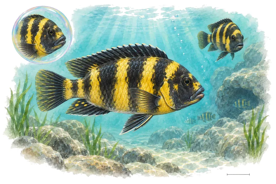Aquarelle : Cichlidé bourdon (Pseudotropheus crabro) dans une eau turquoise lumineuse, avec une vue de trois quarts et un détail dans une bulle.