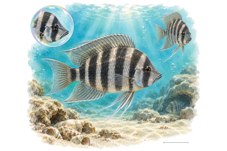 Aquarelle : Cichlidé calvus (Altolamprologus calvus) dans une eau turquoise lumineuse, avec une vue de trois quarts et un détail dans une bulle.