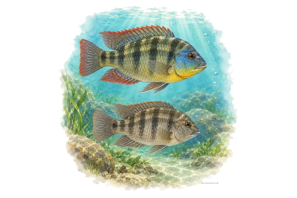 Aquarelle : Cichlidé caméléon, mâle et femelle l'un au-dessus de l'autre dans une eau turquoise.