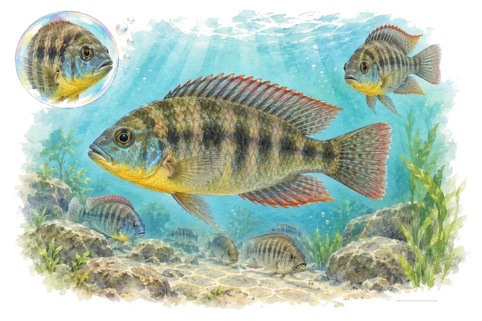 Aquarelle : Cichlidé caméléon (Astatotilapia calliptera) dans une eau turquoise lumineuse, avec une vue de trois quarts et un détail dans une bulle.