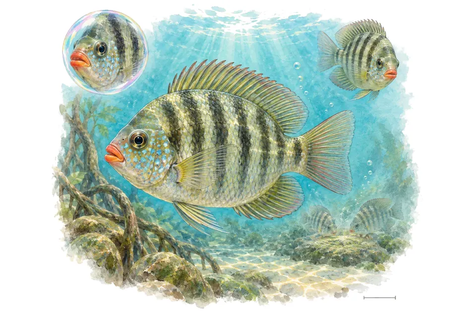 Aquarelle : Chromide vert (Etroplus suratensis) dans une eau turquoise lumineuse, avec une vue de trois quarts et un détail dans une bulle.