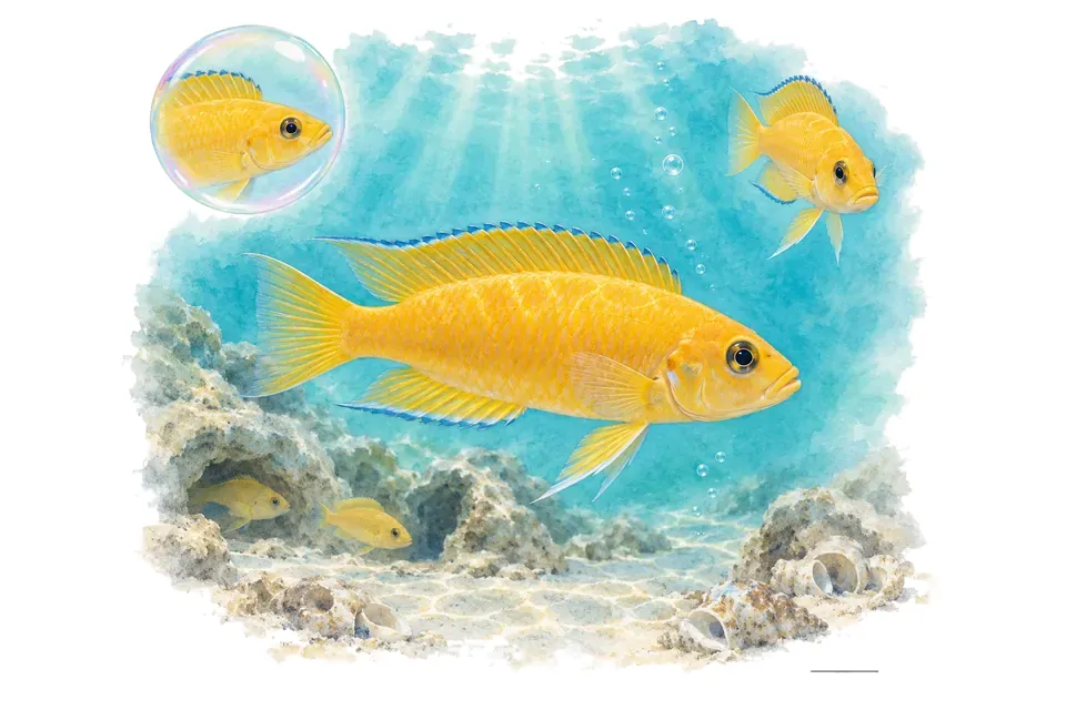 Aquarelle : Cichlidé citron (Neolamprologus leleupi) dans une eau turquoise lumineuse, avec une vue de trois quarts et un détail dans une bulle.