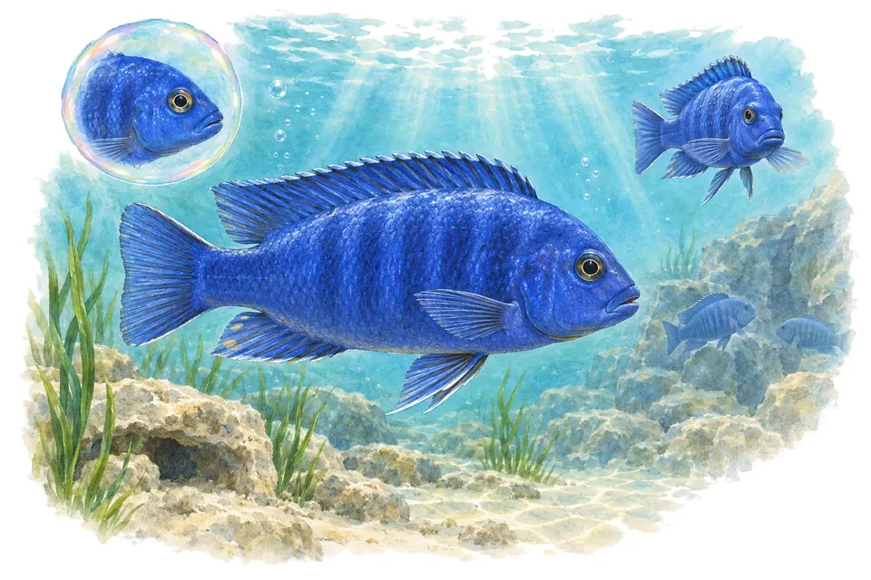 Aquarelle : Cichlidé cobalt (Maylandia callainos) dans une eau turquoise lumineuse, avec une vue de trois quarts et un détail dans une bulle.
