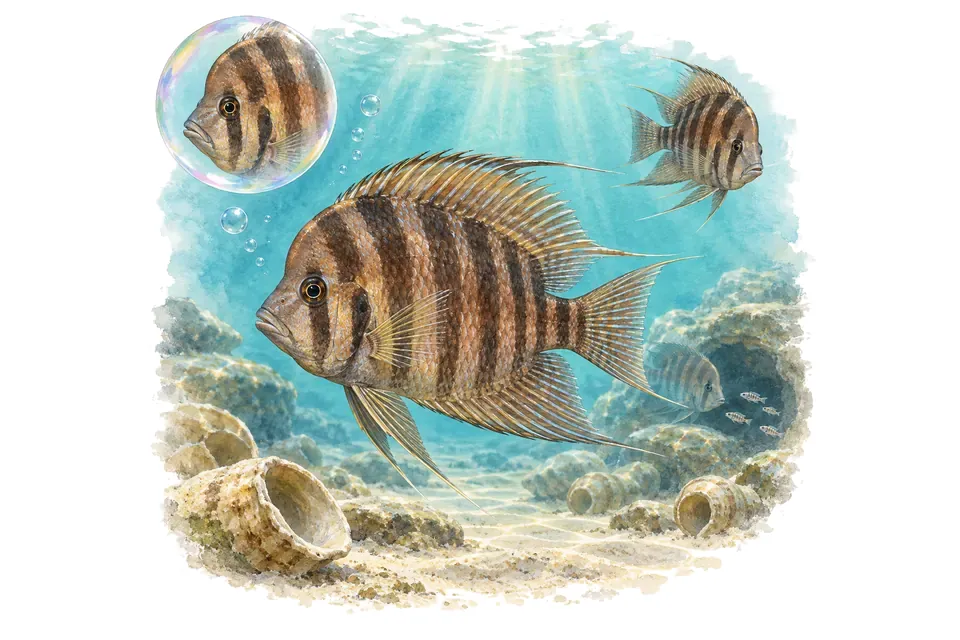 Aquarelle : Cichlidé compressiceps (Altolamprologus compressiceps) dans une eau turquoise lumineuse, avec une vue de trois quarts et un détail dans une bulle.