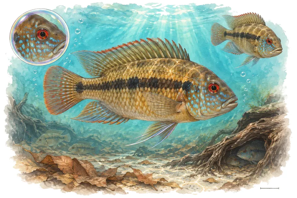 Aquarelle : Cichlidé d'Ansorge (Thysochromis ansorgii) dans une eau turquoise lumineuse, avec une vue de trois quarts et un détail dans une bulle.