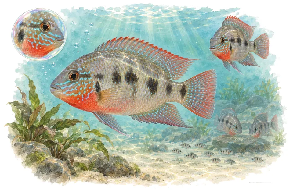 Aquarelle : Cichlidé d'Elliot (Thorichthys maculipinnis) dans une eau turquoise lumineuse, avec une vue de trois quarts et un détail dans une bulle.