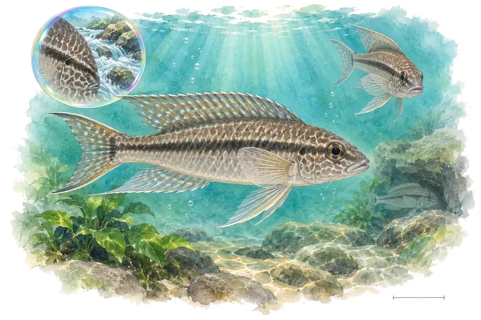 Aquarelle : Cichlidé de Brichard (Teleogramma brichardi) dans une eau turquoise lumineuse, avec une vue de trois quarts et un détail dans une bulle.
