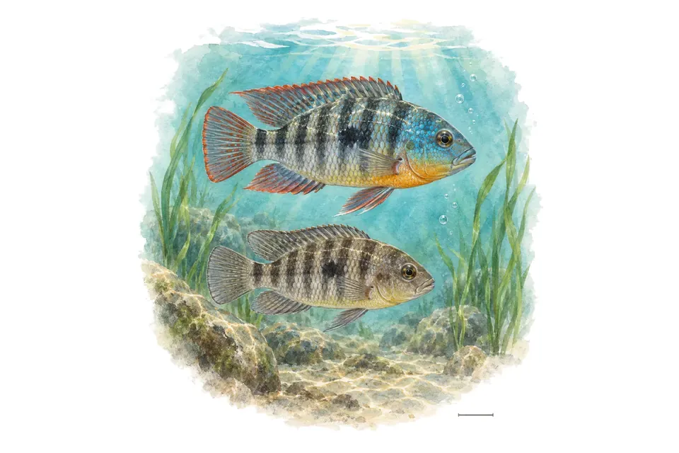 Aquarelle : Cichlidé de Burton, mâle et femelle l'un au-dessus de l'autre dans une eau turquoise.