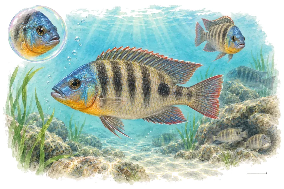 Aquarelle : Cichlidé de Burton (Astatotilapia burtoni) dans une eau turquoise lumineuse, avec une vue de trois quarts et un détail dans une bulle.