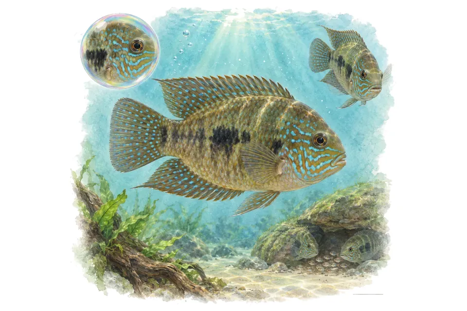 Aquarelle : Cichlidé de Cutter (Cryptoheros cutteri) dans une eau turquoise lumineuse, avec une vue de trois quarts et un détail dans une bulle.