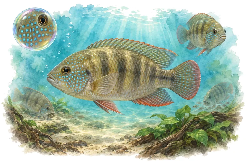 Aquarelle : Cichlidé de Günther (Chromidotilapia guntheri) dans une eau turquoise lumineuse, avec une vue de trois quarts et un détail dans une bulle.