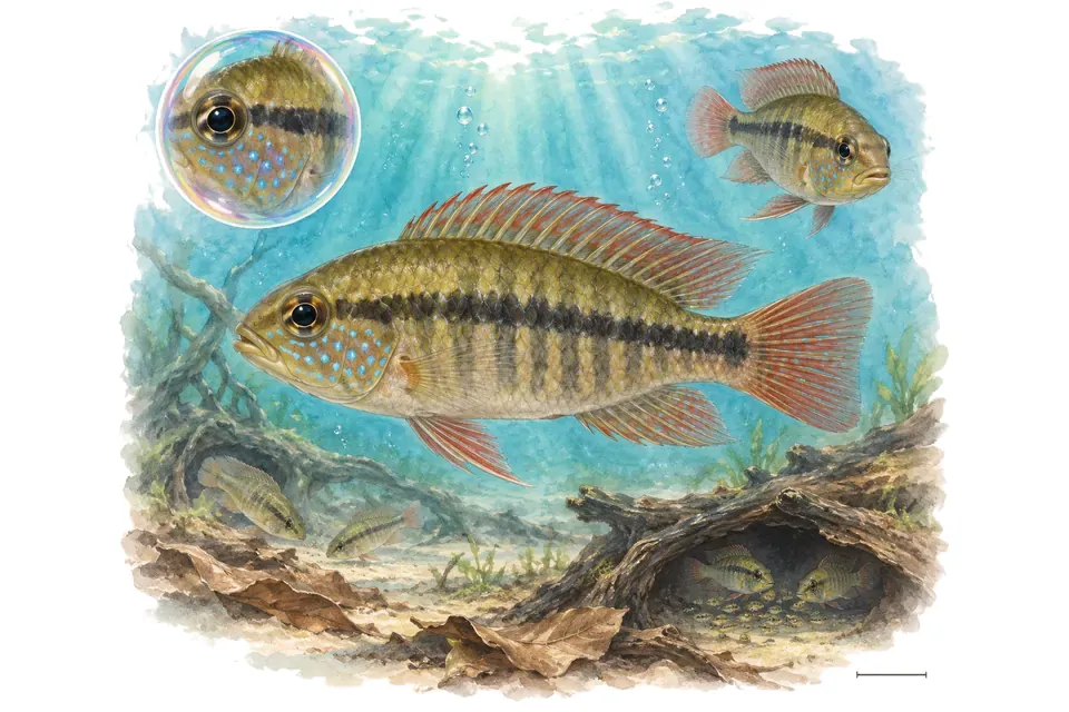 Aquarelle : Cichlidé de Kingsley (Chromidotilapia kingsleyae) dans une eau turquoise lumineuse, avec une vue de trois quarts et un détail dans une bulle.