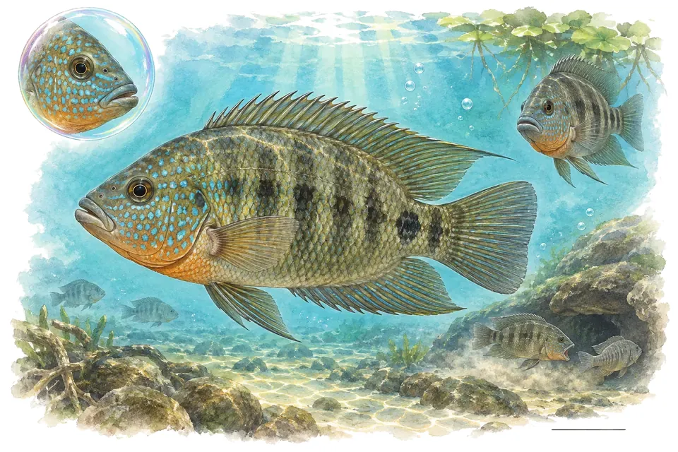Aquarelle : Cichlidé de la baie de Banderas (Mayaheros beani) dans une eau turquoise lumineuse, avec une vue de trois quarts et un détail dans une bulle.