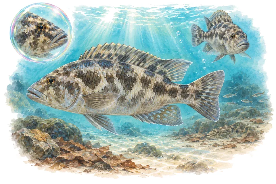 Aquarelle : Cichlidé de Livingston (Nimbochromis livingstonii) dans une eau turquoise lumineuse, avec une vue de trois quarts et un détail dans une bulle.