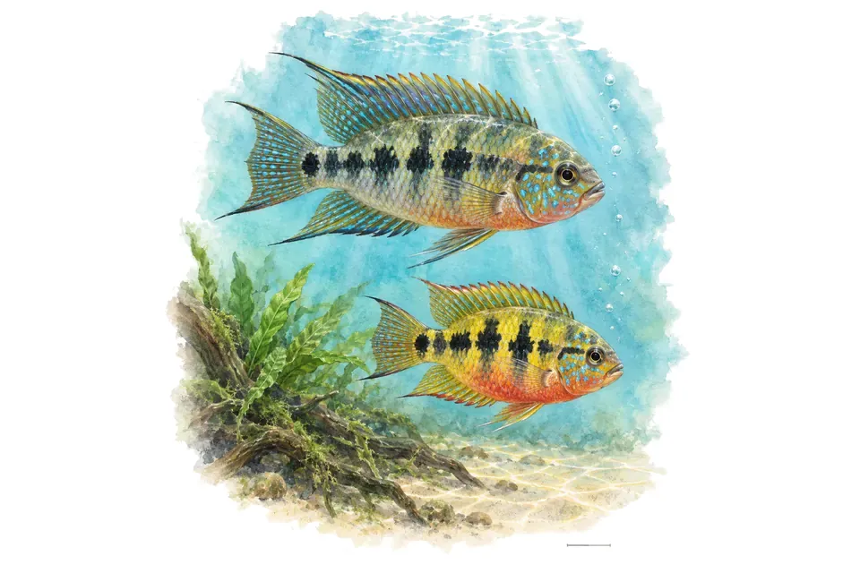 Aquarelle : Cichlidé de Salvini, mâle et femelle l'un au-dessus de l'autre dans une eau turquoise.