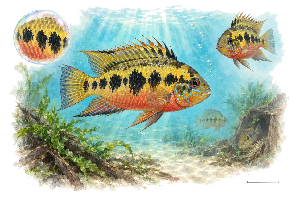 Aquarelle : Cichlidé de Salvini (Trichromis salvini) dans une eau turquoise lumineuse, avec une vue de trois quarts et un détail dans une bulle.