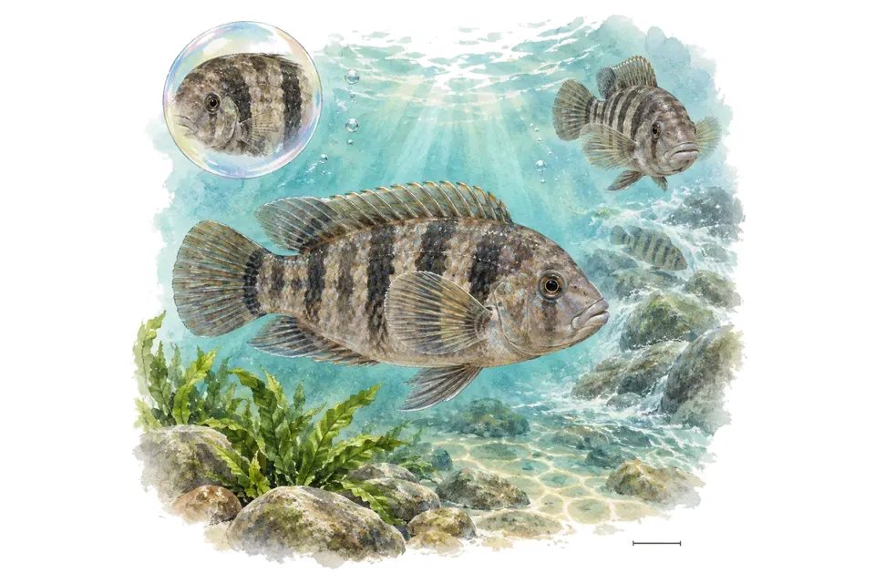 Aquarelle : Cichlidé des rapides du Congo (Paragobiocichla tinanti) dans une eau turquoise lumineuse, avec une vue de trois quarts et un détail dans une bulle.