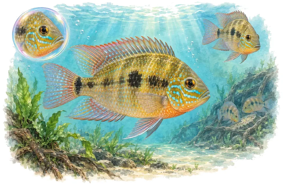 Aquarelle : Cichlidé doré du Mexique (Thorichthys aureus) dans une eau turquoise lumineuse, avec une vue de trois quarts et un détail dans une bulle.
